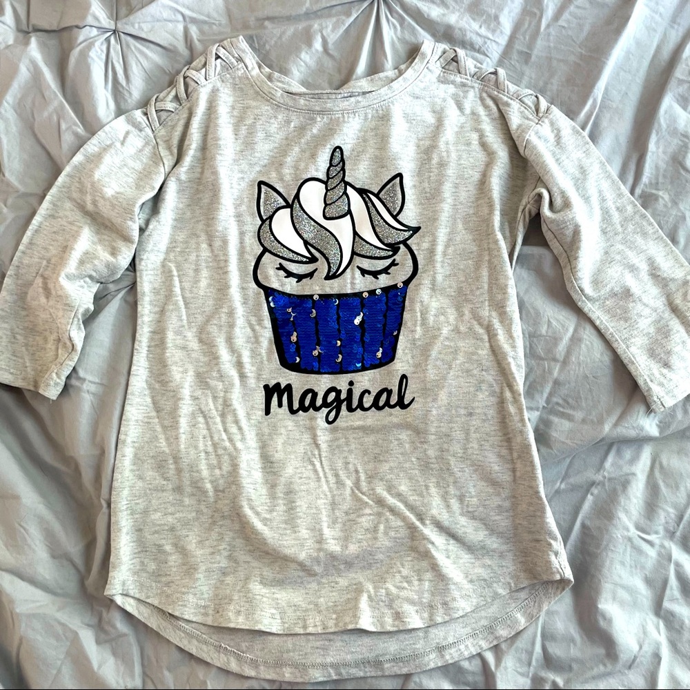 Girls flip sequin unicorn cupcake shirt